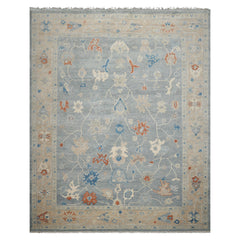 Multi Size Blue Taupe Ivory Color Hand Knotted Oushak Wool Arts & Crafts Oriental Rug