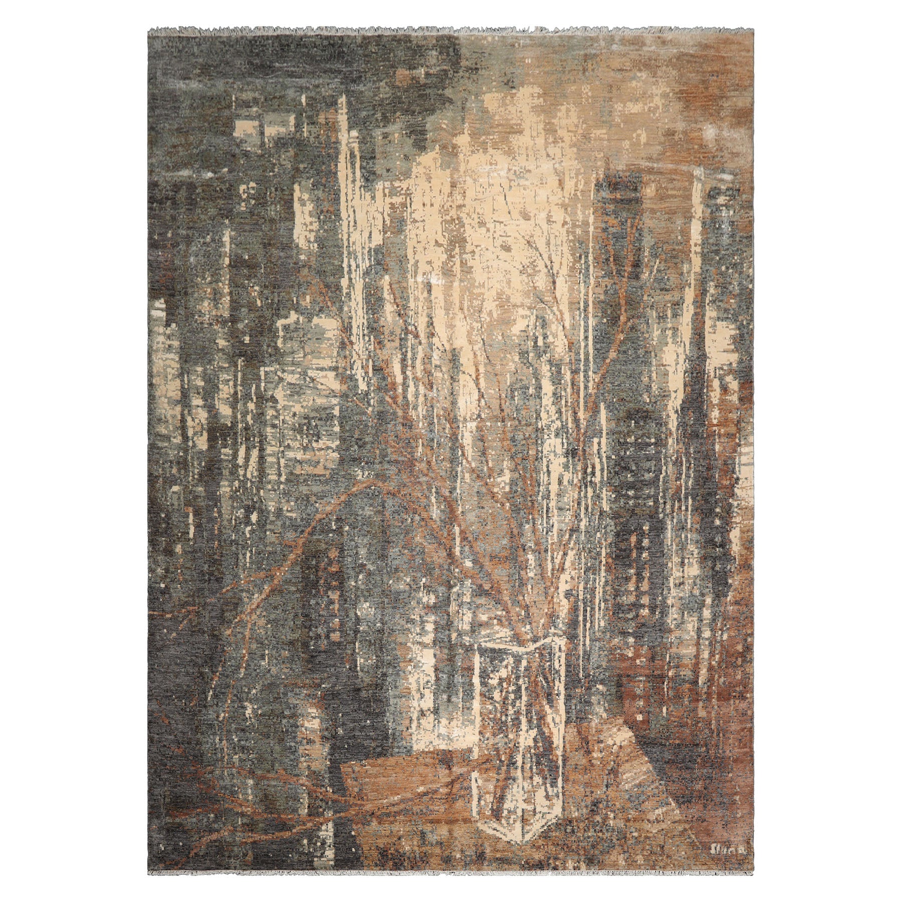 Gray 10'x14' Hand-Knotted Tibetan Wool & Silk Modern Area Rug