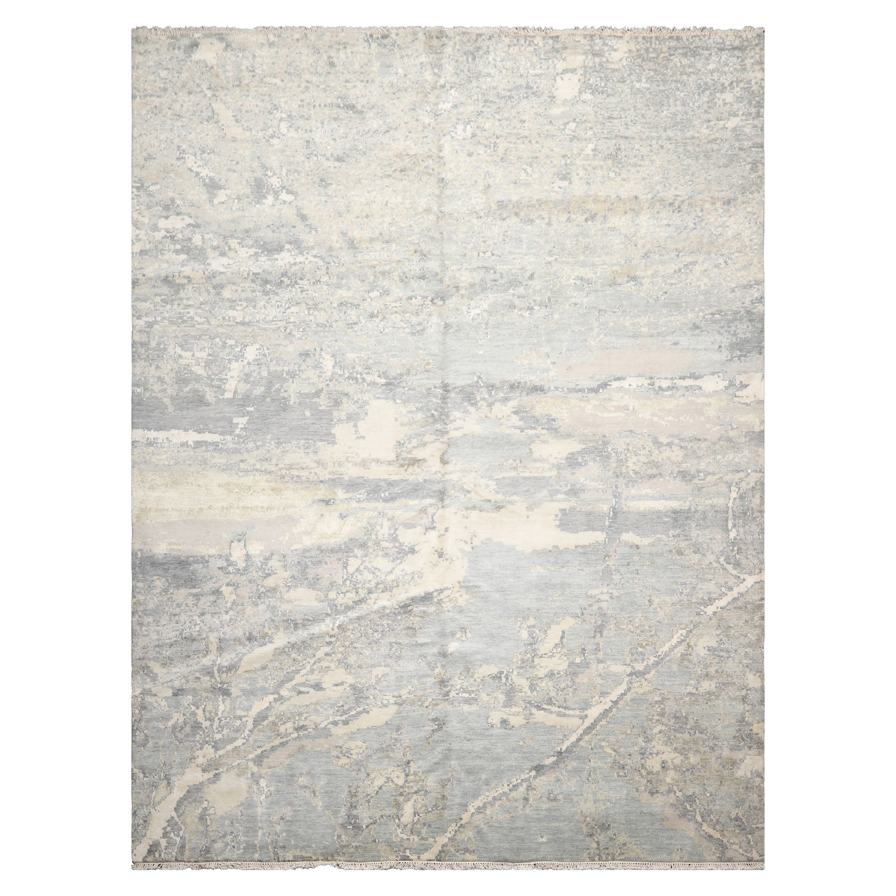 9' x 11'11" Ivory Hand Knotted Tibetan Wool and Silk Modern Oriental Area Rug