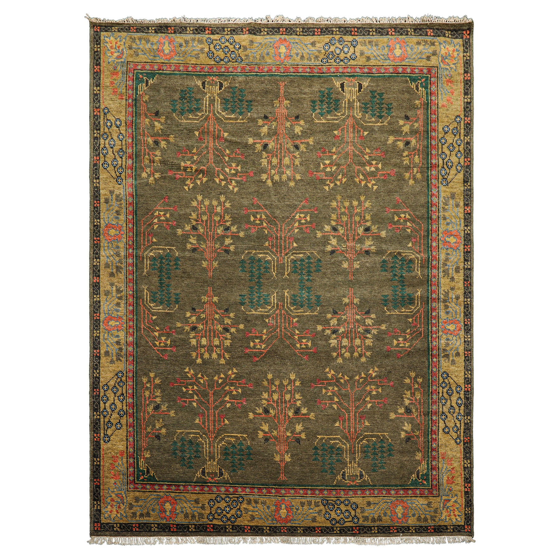 LoomBloom Multi Size Green Wool Hand Knotted Donegal Arts & Crafts Oriental Rug