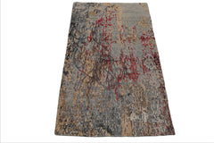 3x5 Gray, Blue, Coral Color Hand Knotted Tibetan Wool and Silk Modern & Contemporary Oriental Rug
