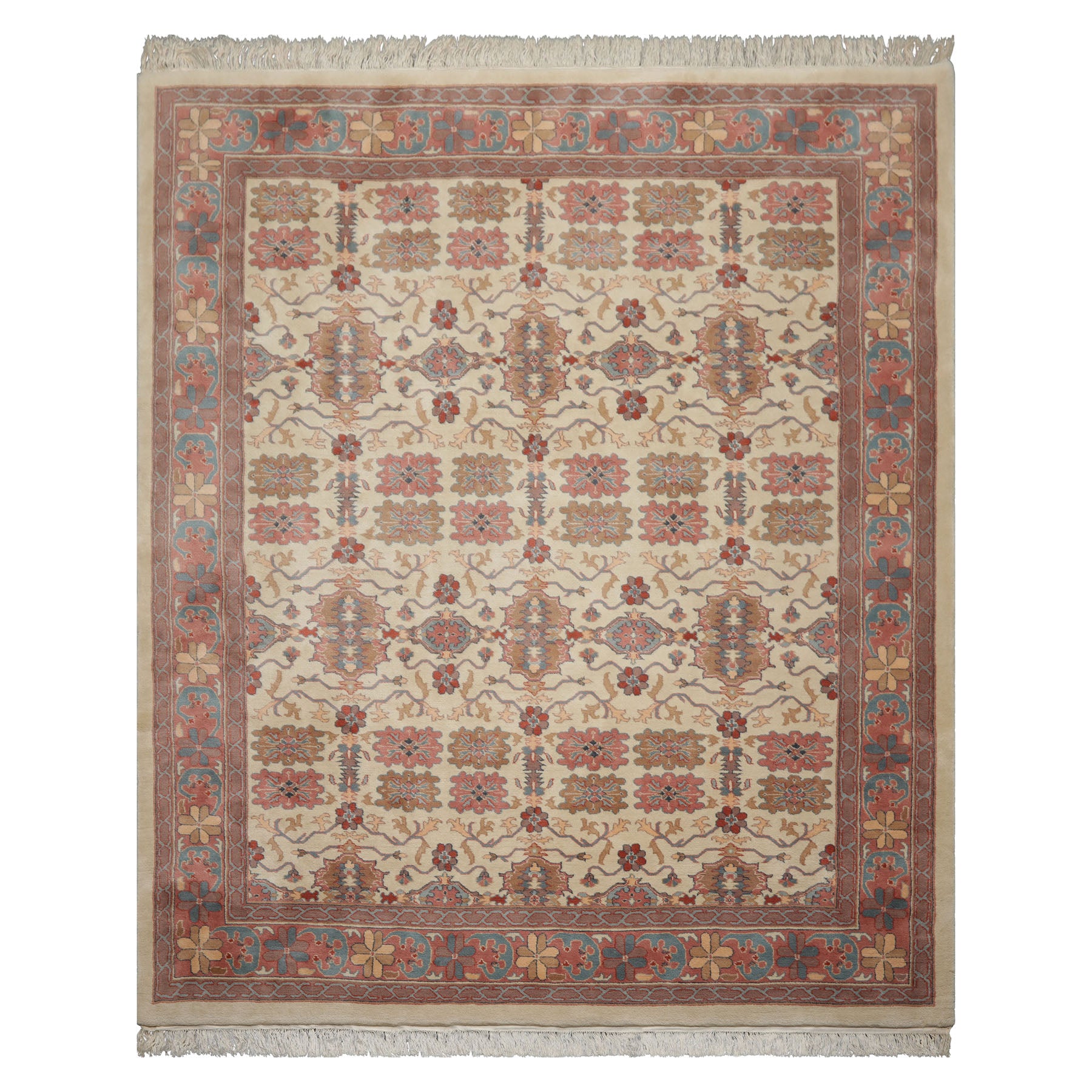 8x10 Ivory, Rose, Taupe Color Hand Knotted Jahan Wool Traditional Oriental Rug