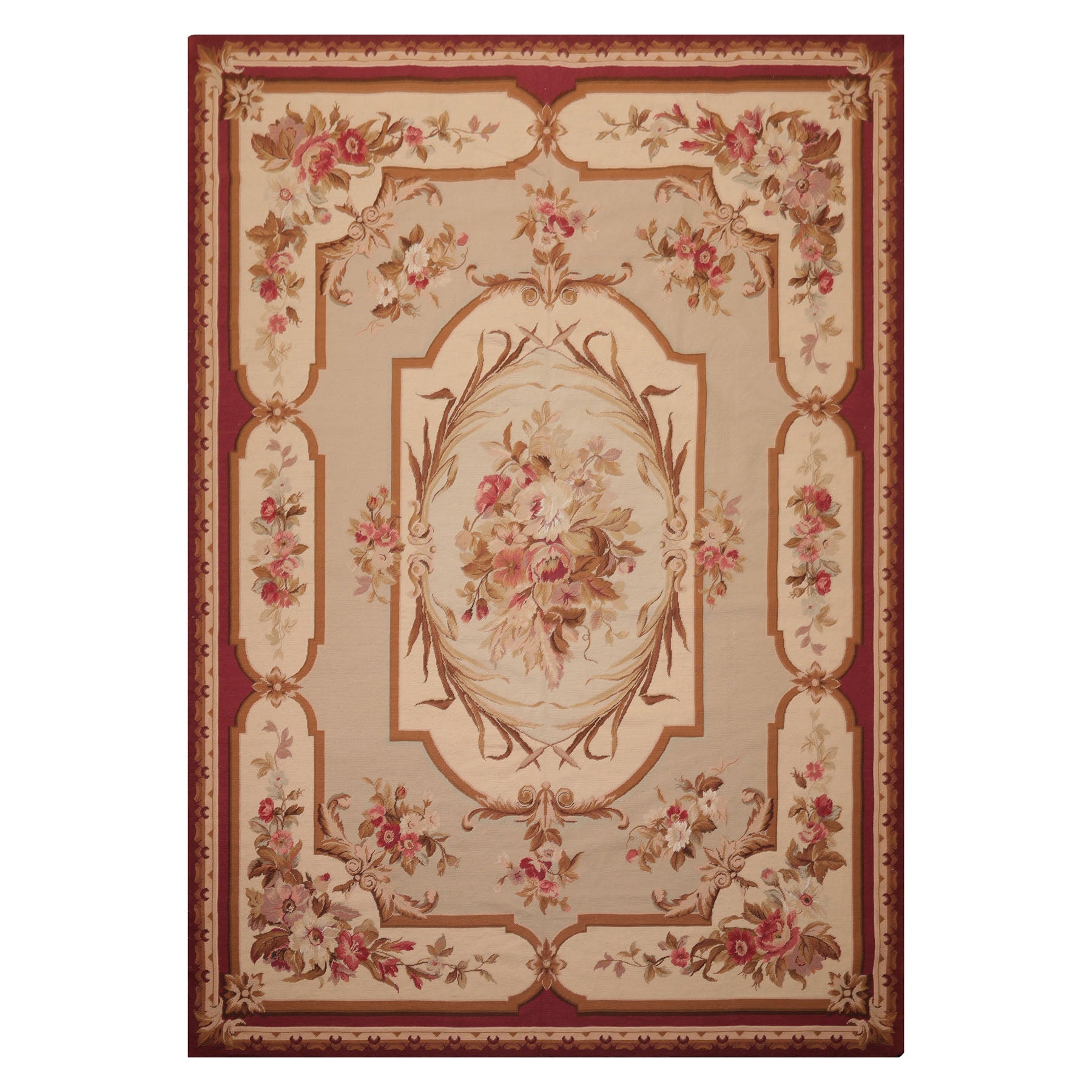 7x10 Ivory, Beige, Burgundy Color Hand Woven French Aubusson Needlepoint  Wool Traditional Oriental Rug
