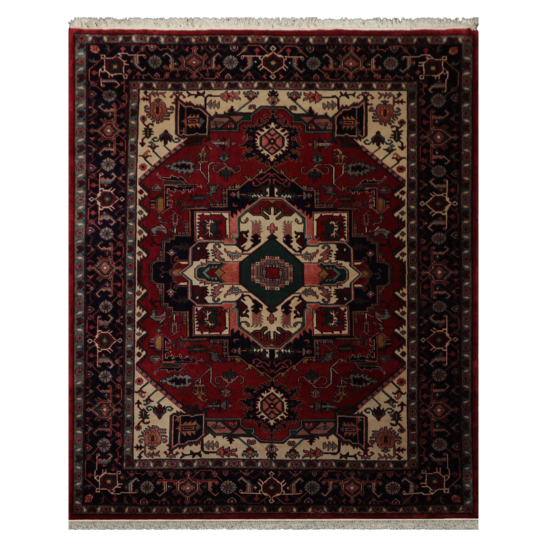 8x10 Rust, Ivory, Navy Color Hand Knotted Heriz Wool Traditional Oriental Rug
