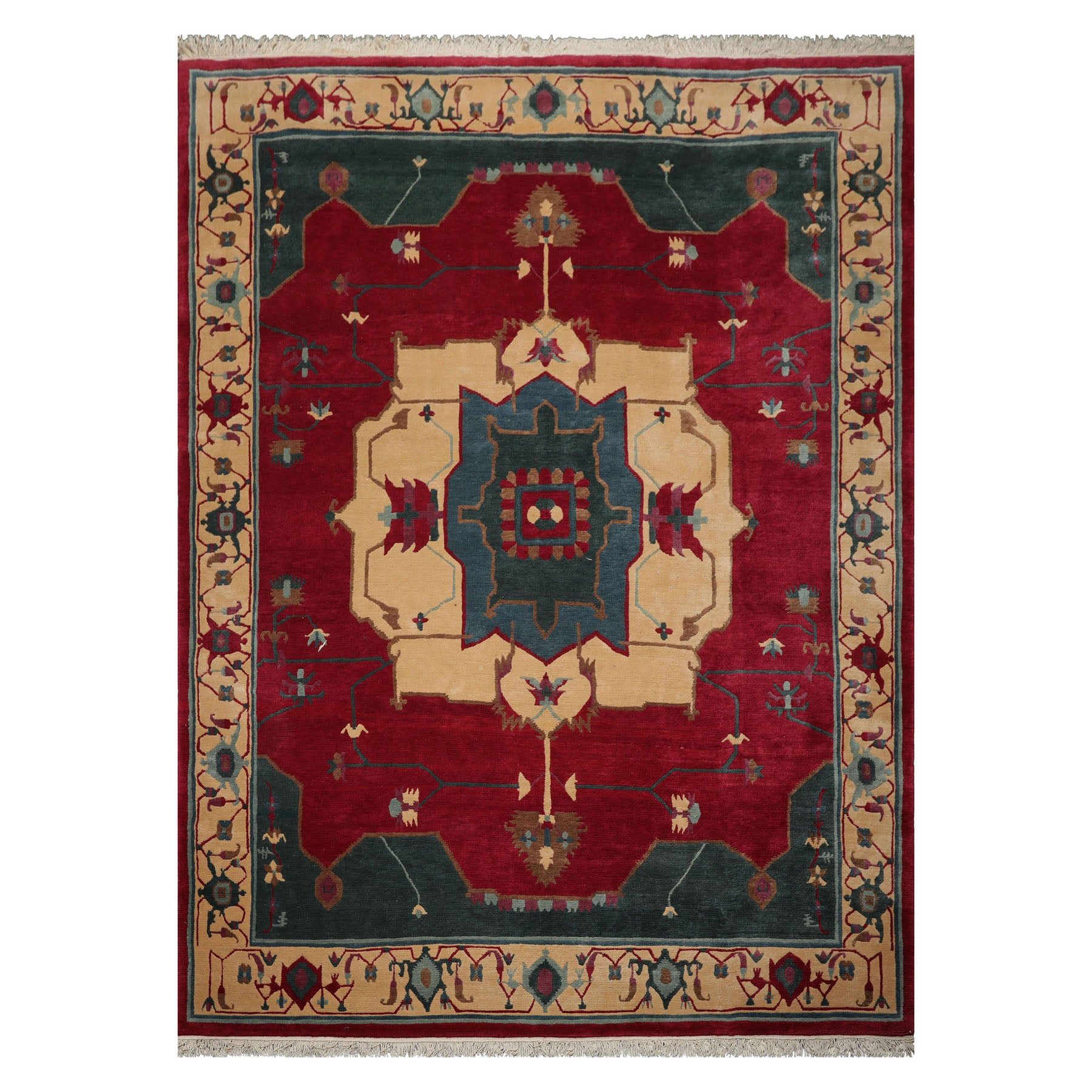 9x12 Ruby, Red, Ivory Color Hand Knotted Tibetan Wool Arts & Crafts Oriental Rug