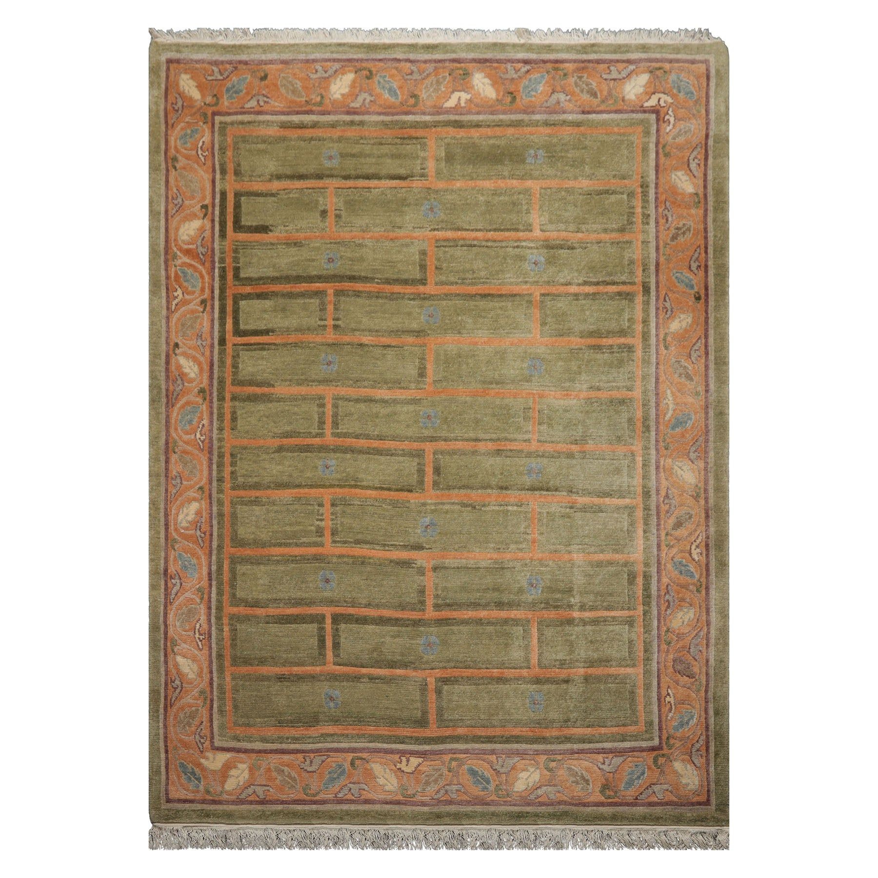 8x11 Mint, Peach, Aubergine Color Hand Knotted Tibetan Wool Arts & Crafts Oriental Rug