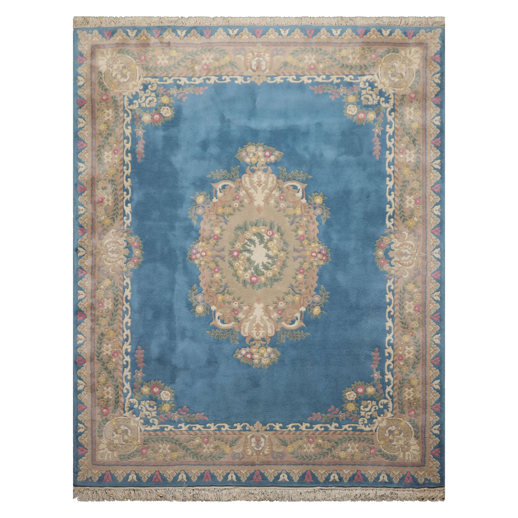 8x10 Baby Blue, Beige, Rose Color Hand Knotted French Aubusson Savonnerie Wool Traditional Oriental Rug