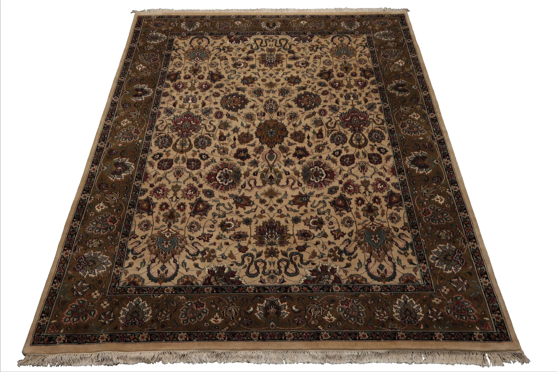 8x10 Ivory, Olive, Green Color Hand Knotted Kashan Wool Traditional Oriental Rug