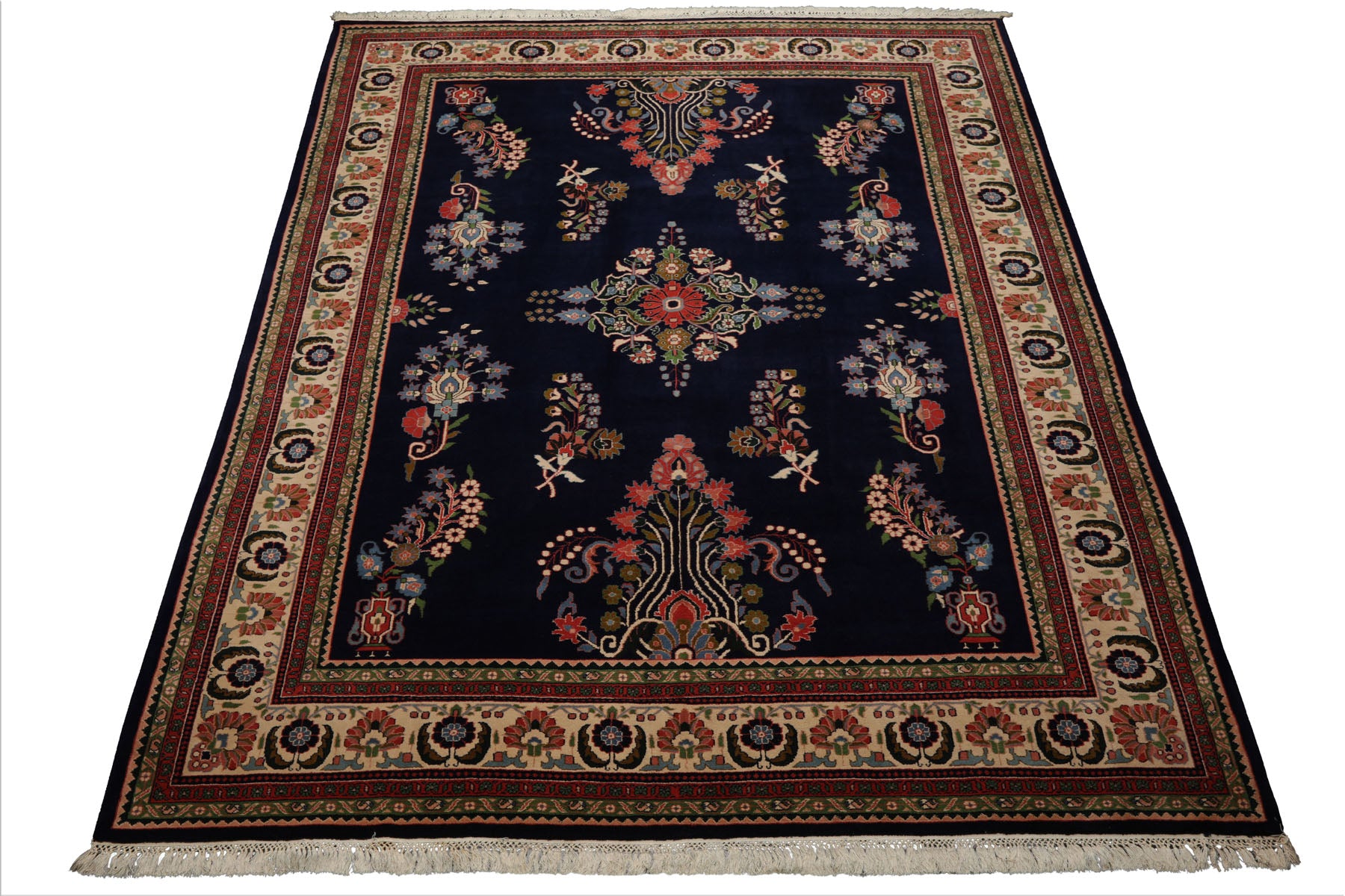 8x10 Navy, Ivory, Green Color Hand Knotted Sarouk New Zealand Wool Traditional Oriental Rug