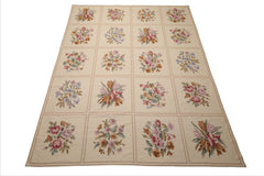 8x10 Ivory, Tan, Green Color Hand Woven French Aubusson Needlepoint  Wool Traditional Oriental Rug