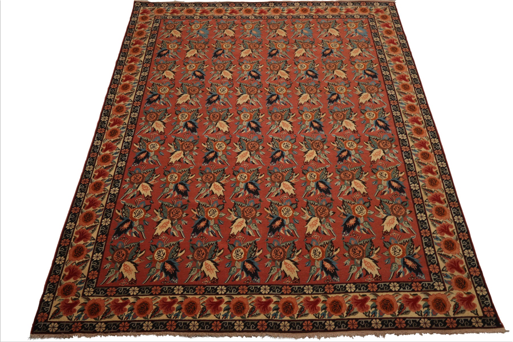 8x10 Rose, Ivory, Blue Color Hand Knotted Karabagh Causcasian  Wool Traditional  Oriental Rug