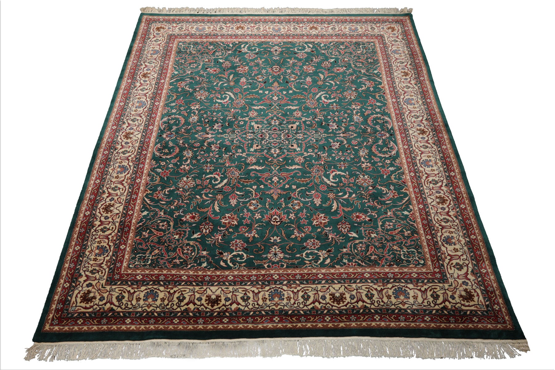 8x10 Emerald, Ivory, Rose Color Hand Knotted Kashan Wool Traditional  Oriental Rug