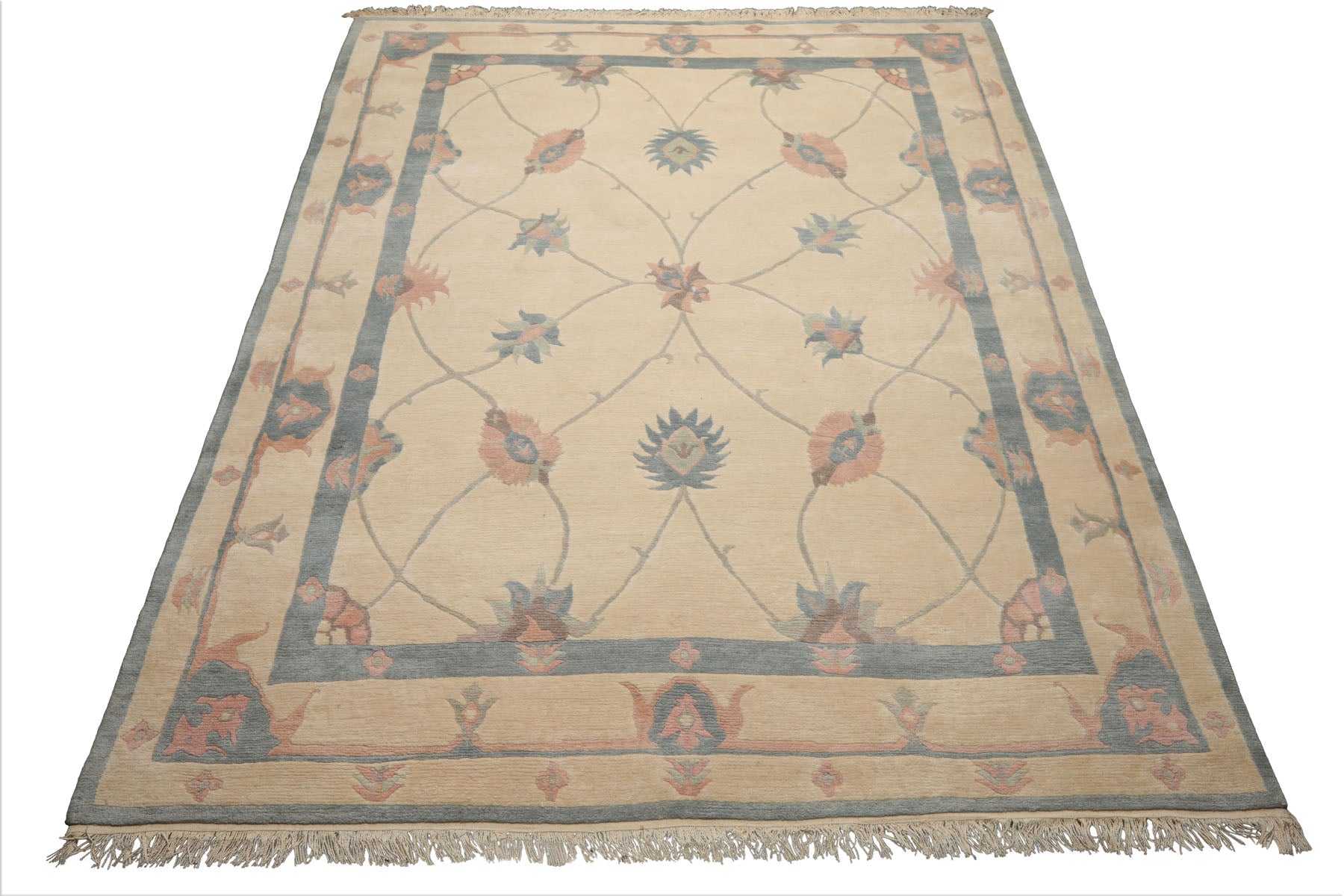 8x10 Ivory, Blue, Rose Color Hand Knotted Tibetan Wool Arts & Crafts  Oriental Rug