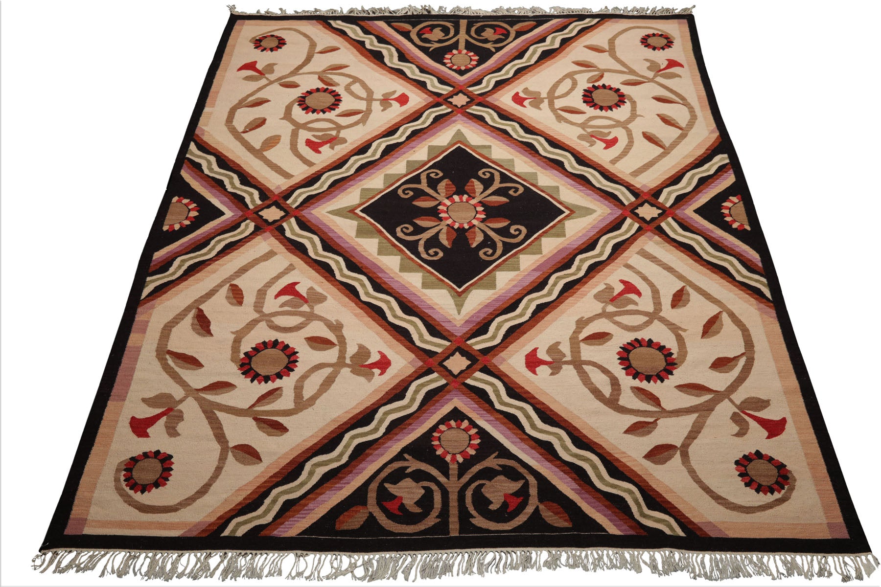 8x10 Ivory, Sage, Black Color Hand Woven Kilim Wool Traditional Oriental Rug