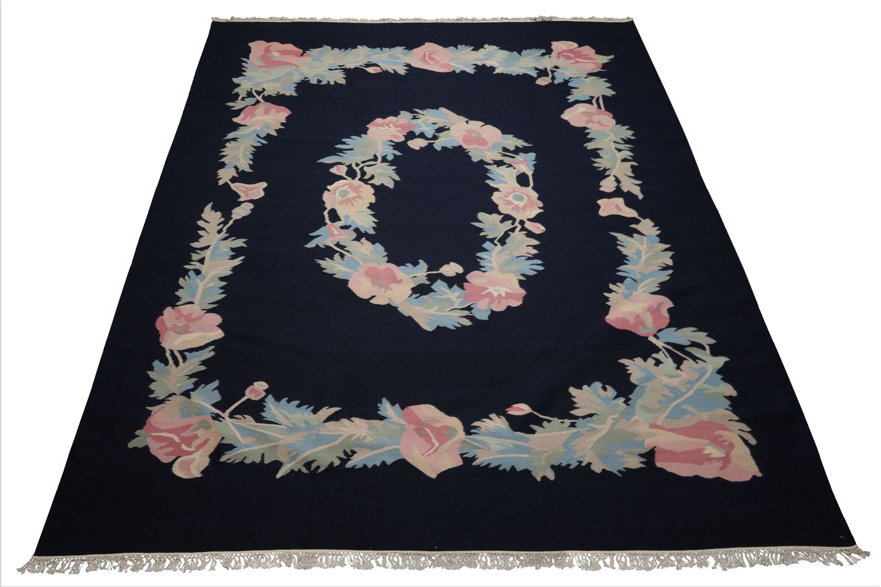 9x12 Navy, Rose, Ivory Color Hand Woven Kilim Wool Traditional Oriental Rug