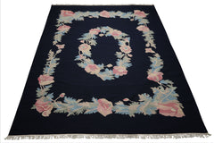9x12 Navy, Rose, Ivory Color Hand Woven Kilim Wool Traditional Oriental Rug