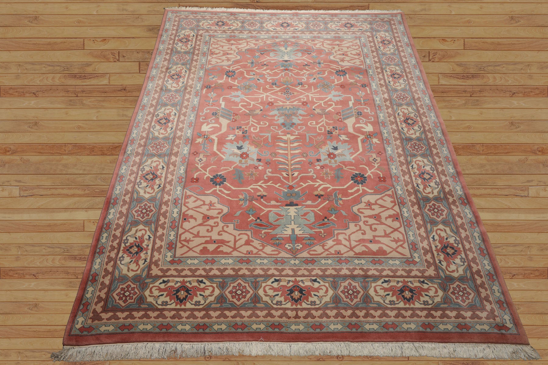 9x12 Rose, Ivory, Aqua Color Hand Knotted Heriz Wool Traditional  Oriental Rug