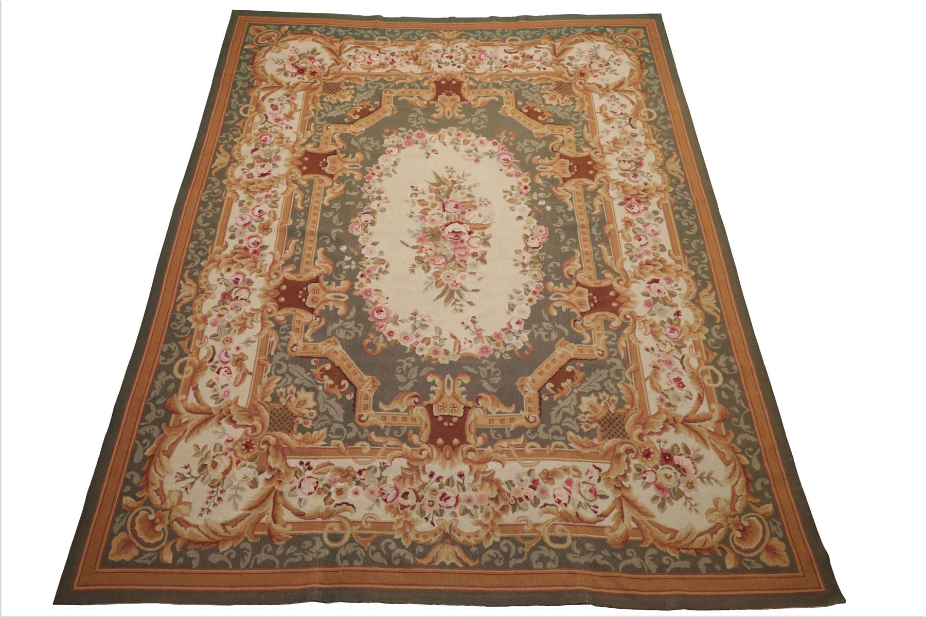 8x10 Ivory, Green, Gold Color Hand Woven Aubusson Needlepoint  Wool Traditional Oriental Rug