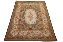 8x10 Ivory, Green, Gold Color Hand Woven Aubusson Needlepoint  Wool Traditional Oriental Rug