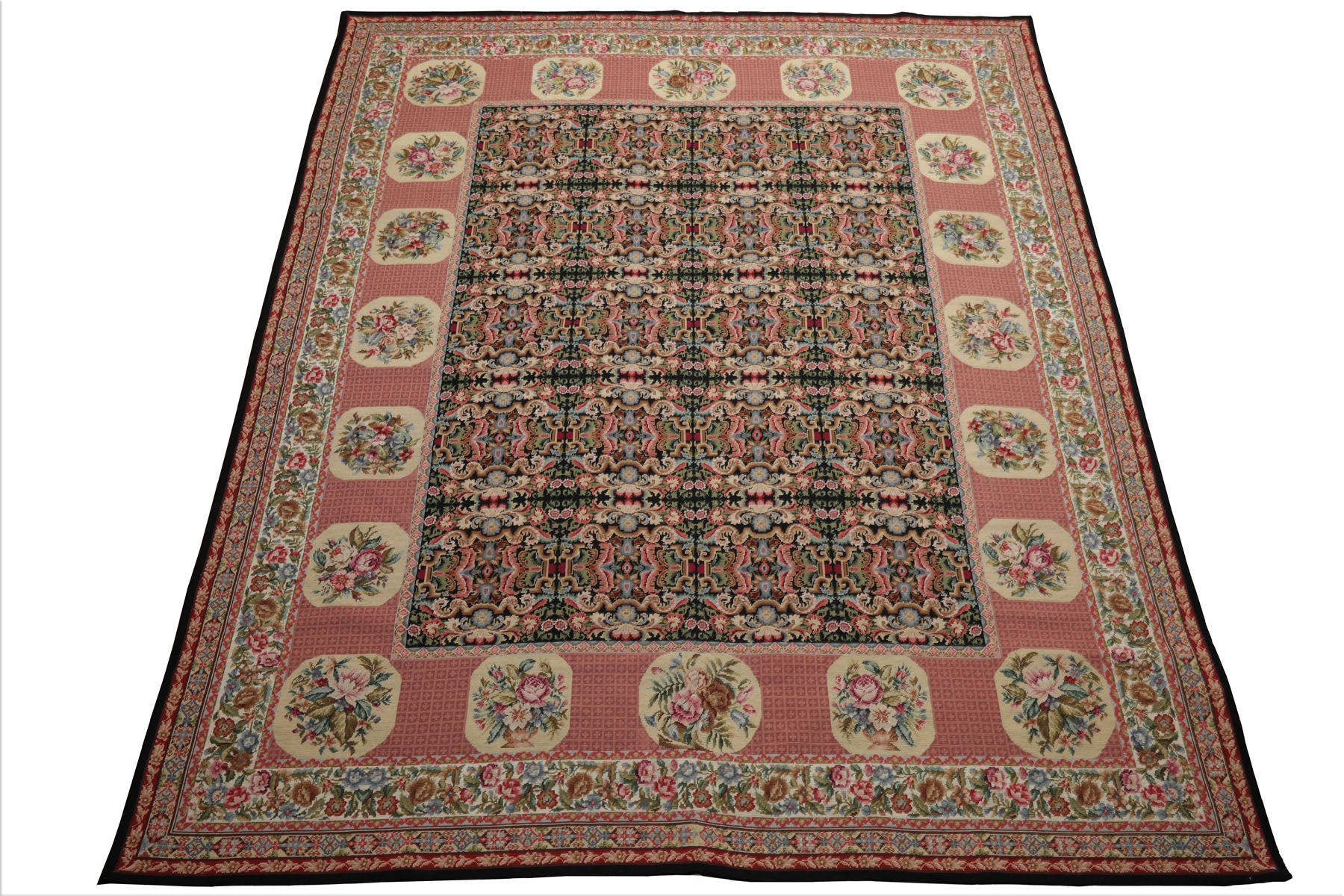 8x10 Black, Rose, Ivory Color Hand Woven Aubusson Needlepoint  Wool Traditional Oriental Rug