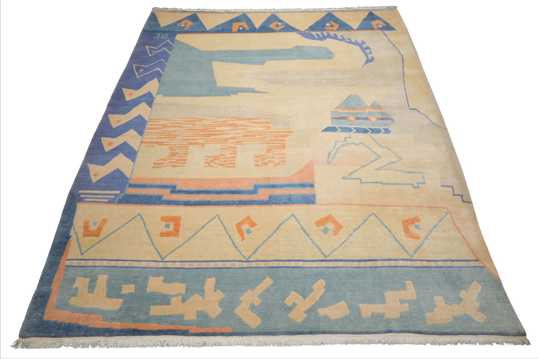 9x12 Ivory, aqua, Rose Color Hand Knotted Tibetan New Zealand Wool Art Deco Oriental Rug