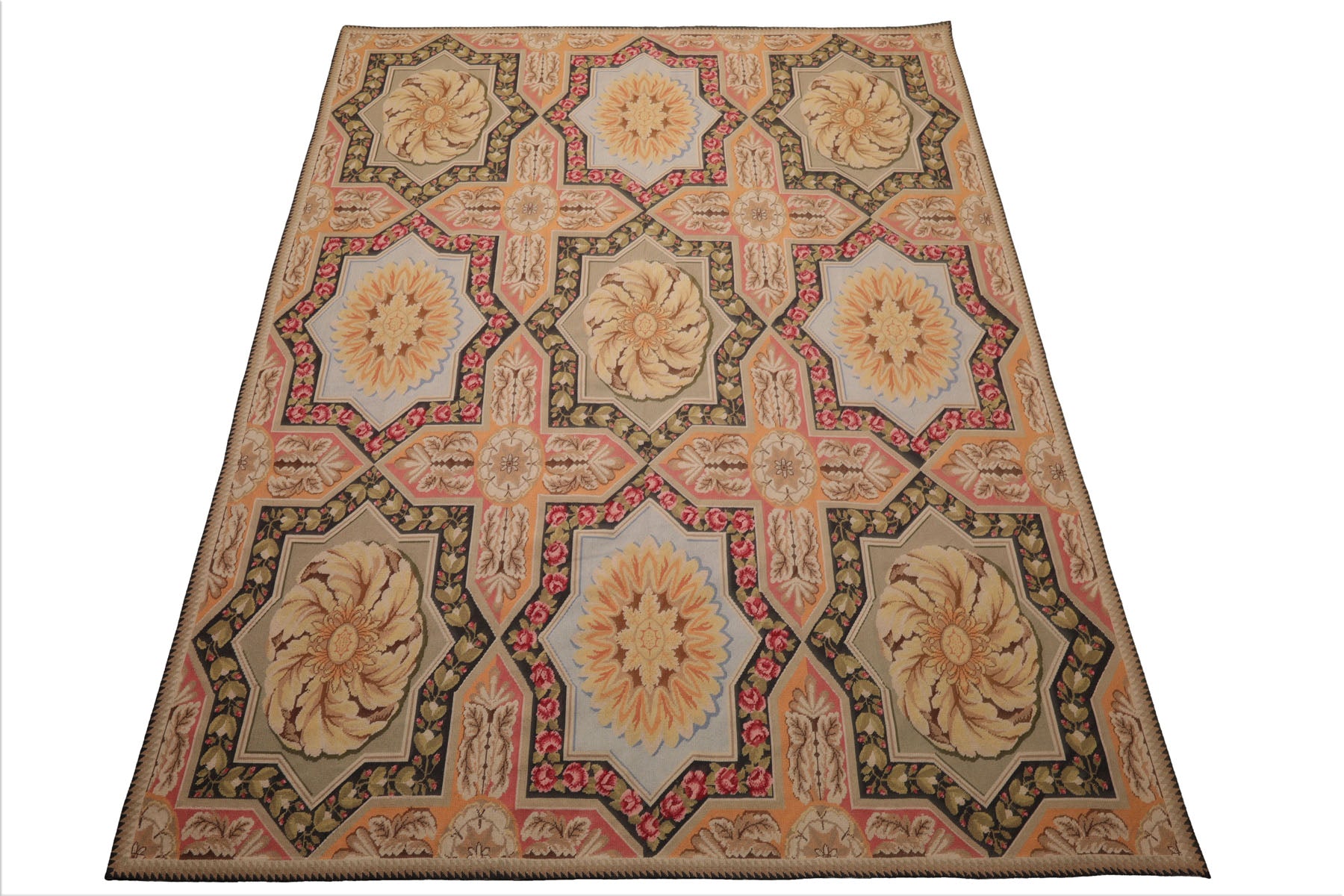 8x10 Sage, Gold, Pink Color Hand Woven Aubusson Needlepoint  Wool Traditional Oriental Rug