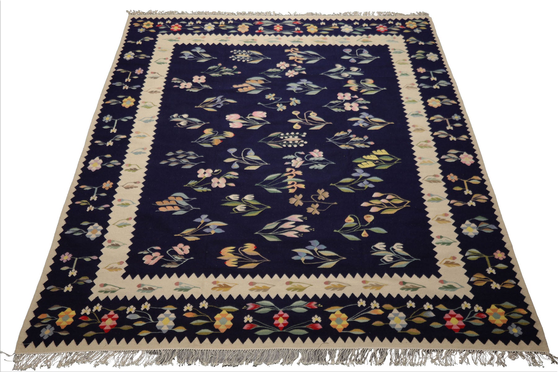 8x10 Navy, Ivory, Gold Color Hand Woven Kilim Wool Traditional Oriental Rug