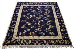 8x10 Navy, Ivory, Gold Color Hand Woven Kilim Wool Traditional Oriental Rug