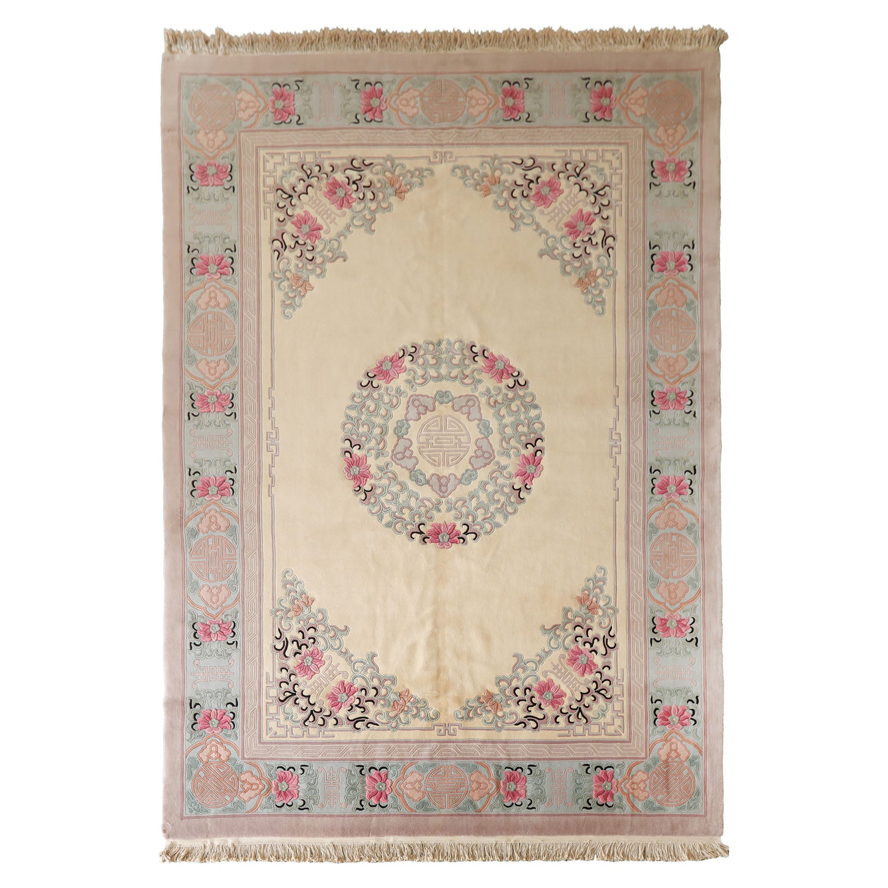10x14 Ivory, Rose, Aqua Color Hand Knotted Aubusson Savonnerie Wool Traditional Oriental Rug