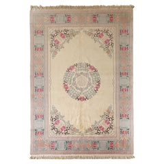 10x14 Ivory, Rose, Aqua Color Hand Knotted Aubusson Savonnerie Wool Traditional Oriental Rug