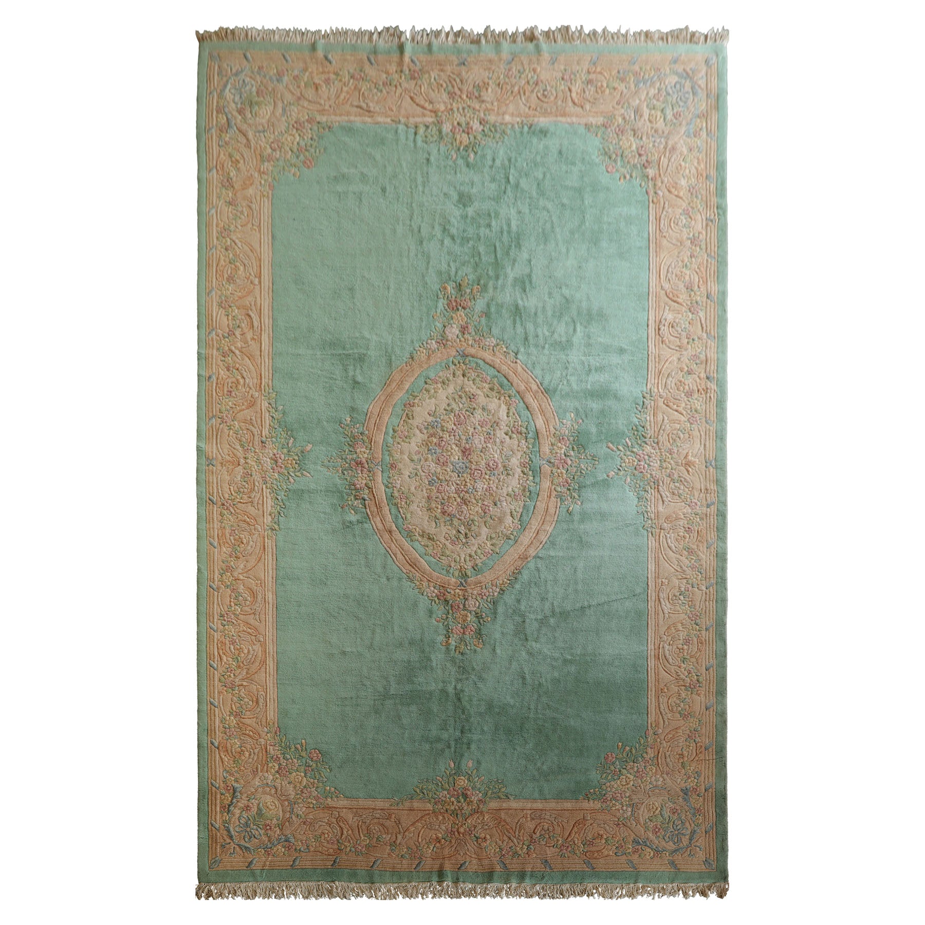 Oversize Sea Foam, Green, Light Peach Color Hand Knotted Aubusson Savonnerie Wool Traditional Oriental Rug