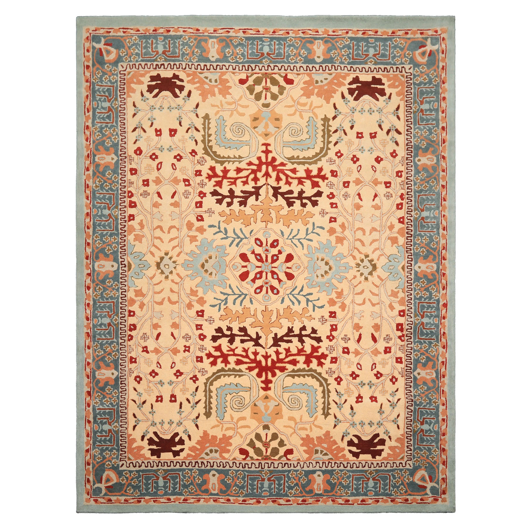 8x10 Light Peach
, Aqua
, Rust
 Color Hand Tufted William Morris
 Wool Arts & Crafts
 Oriental Rug
