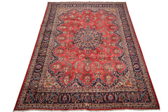 9x12 Coral, Navy, Ivory Color Hand Knotted Kashan Wool Traditional Oriental Rug