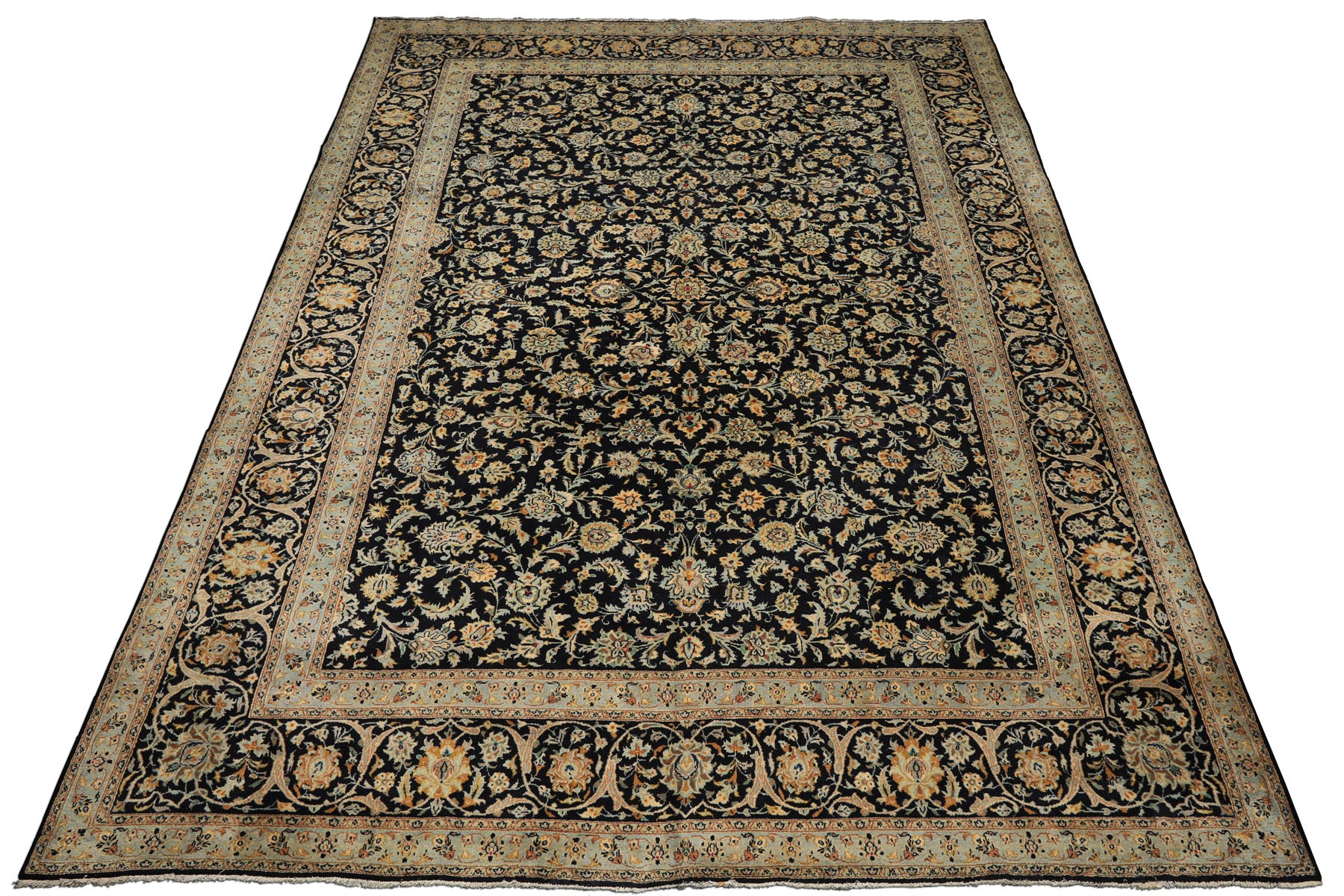 10x14 Black, Ivory, Mint Color Hand Knotted Kashan Wool Traditional Oriental Rug