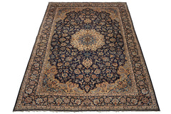 9x13 Navy, Ivory, Beige Color Hand Knotted Kashan Wool Traditional Oriental Rug