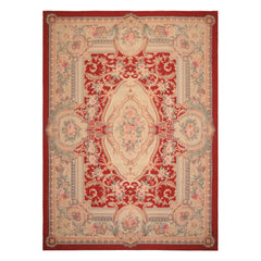 9x12 Red, Beige, Aqua Color Hand Woven French Aubusson Wool Traditional Oriental Rug