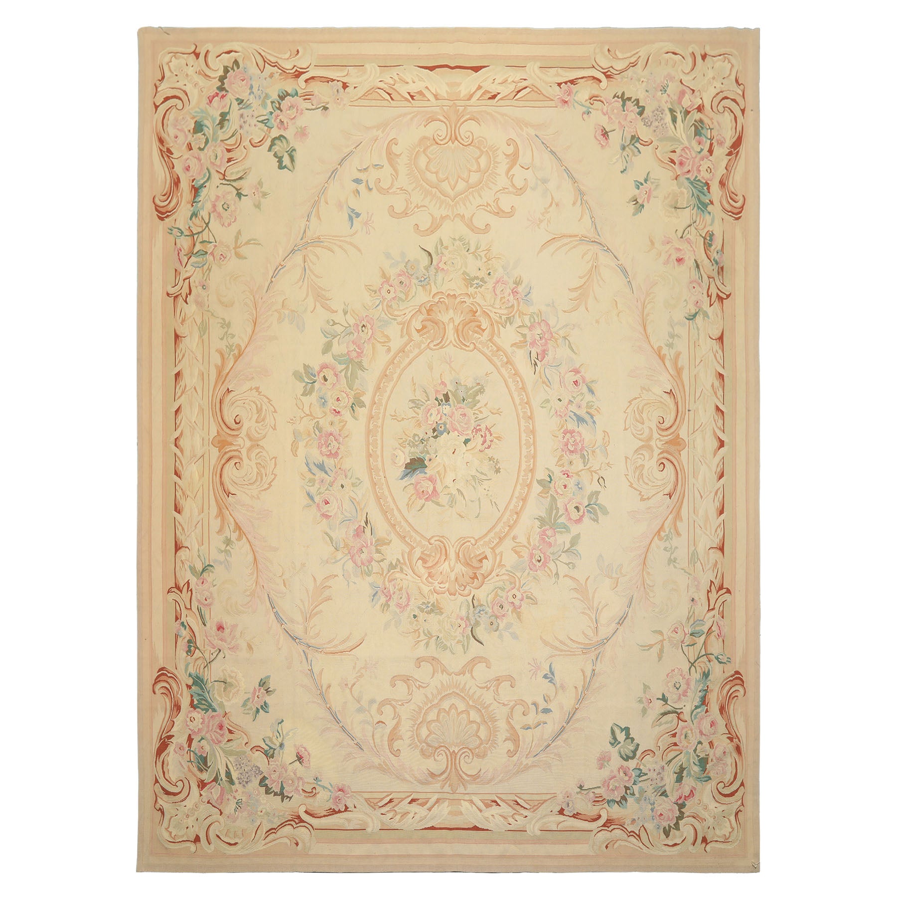 8x10 Ivory, Tan, Rose Color Hand Woven French Aubusson Wool Traditional Oriental Rug