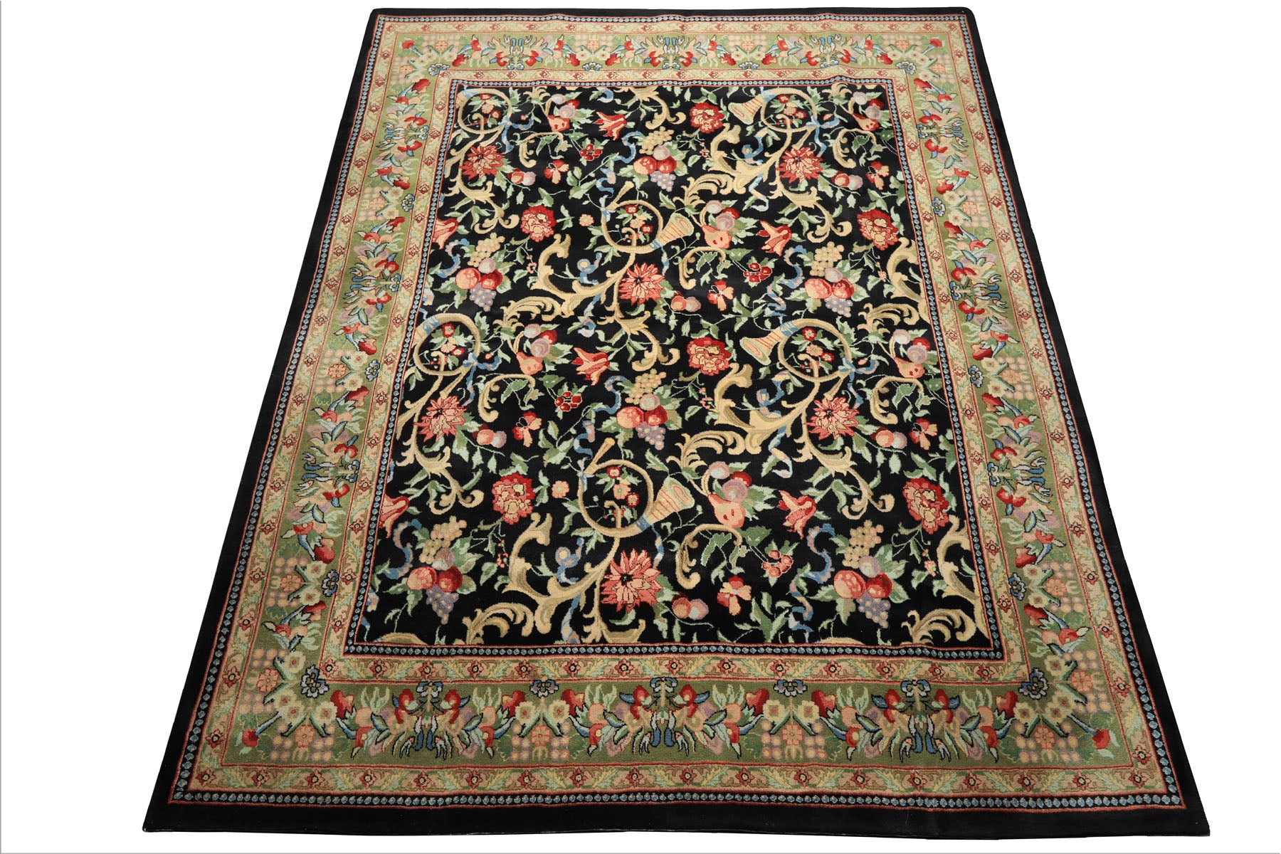 8x10 Black, Mint, Beige Color Hand Knotted French Aubusson Savonnerie Wool Traditional Oriental Rug