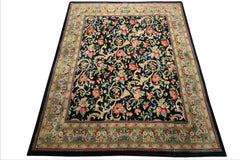 8x10 Black, Mint, Beige Color Hand Knotted French Aubusson Savonnerie Wool Traditional Oriental Rug