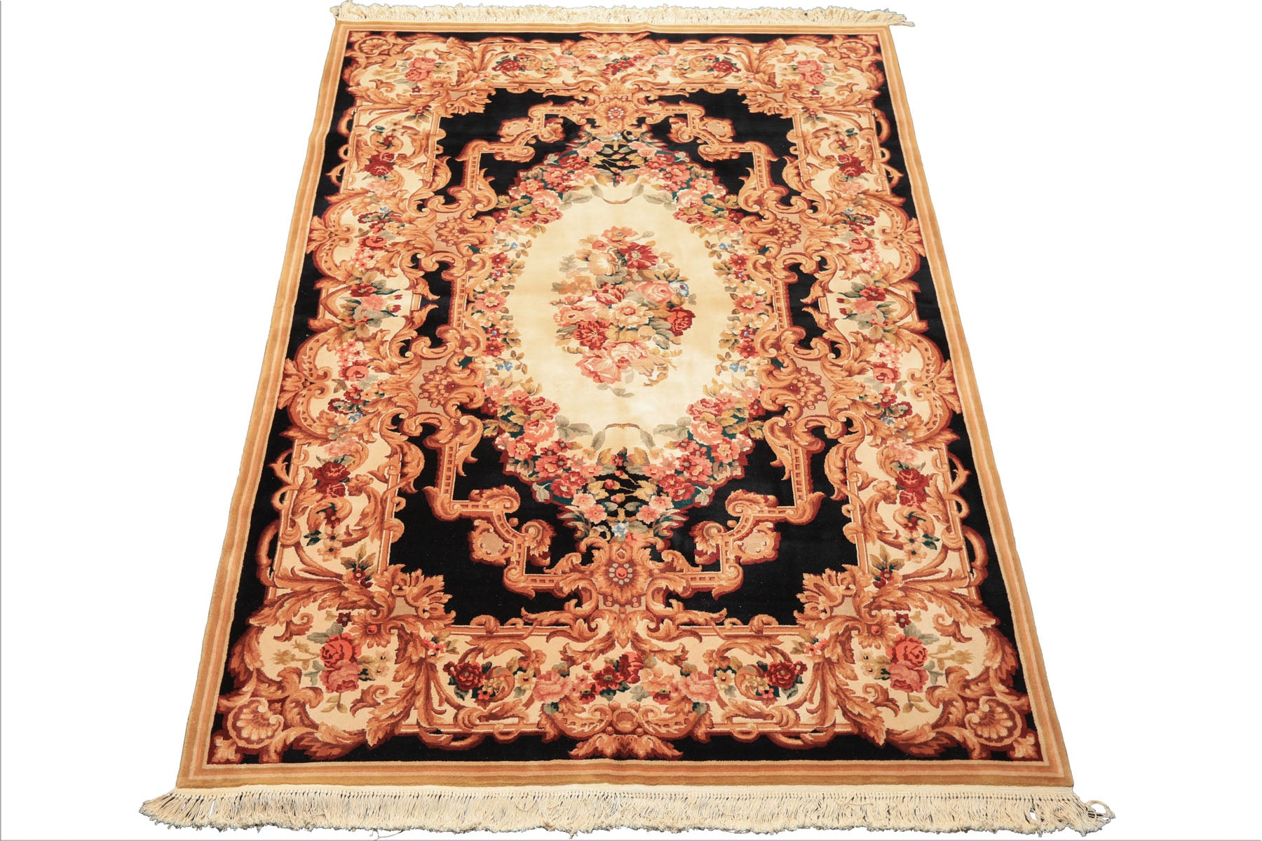 6x9 Ivory, Black, Brown Color Hand Knotted French Aubusson Savonnerie Wool Traditional Oriental Rug