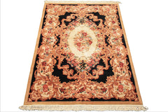 6x9 Ivory, Black, Brown Color Hand Knotted French Aubusson Savonnerie Wool Traditional Oriental Rug