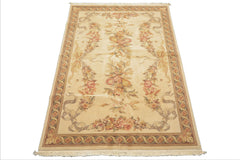 6x9 Ivory, Brown, Taupe Color Hand Knotted French Aubusson Savonnerie Wool & Silk Traditional Oriental Rug