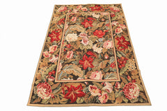 4x6 Green, Gold, Red Color Hand Woven French Aubusson Needlepoint Wool Traditional Oriental Rug