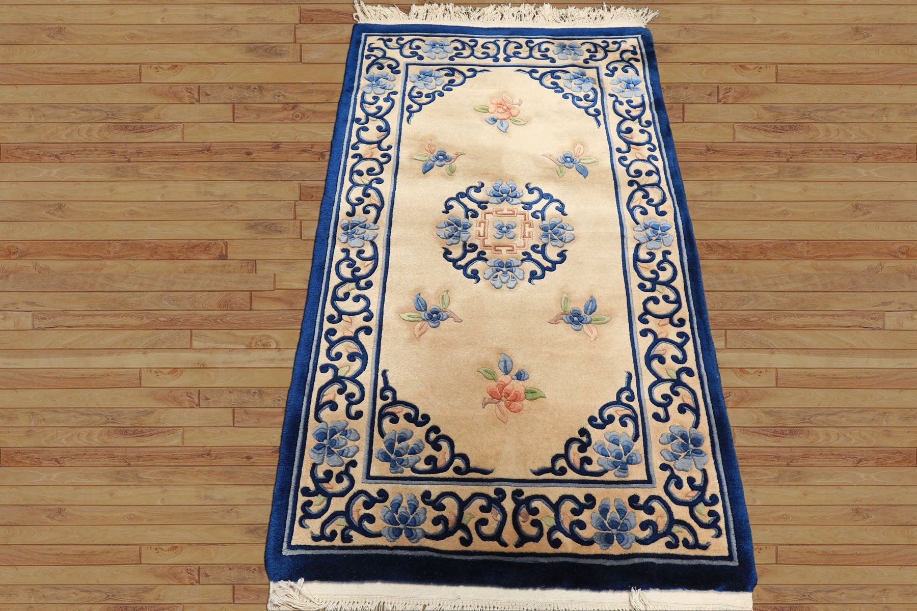 3x5 Beige, Navy, Blush Color Hand Knotted French Aubusson Savonnerie Wool Traditional Oriental Rug