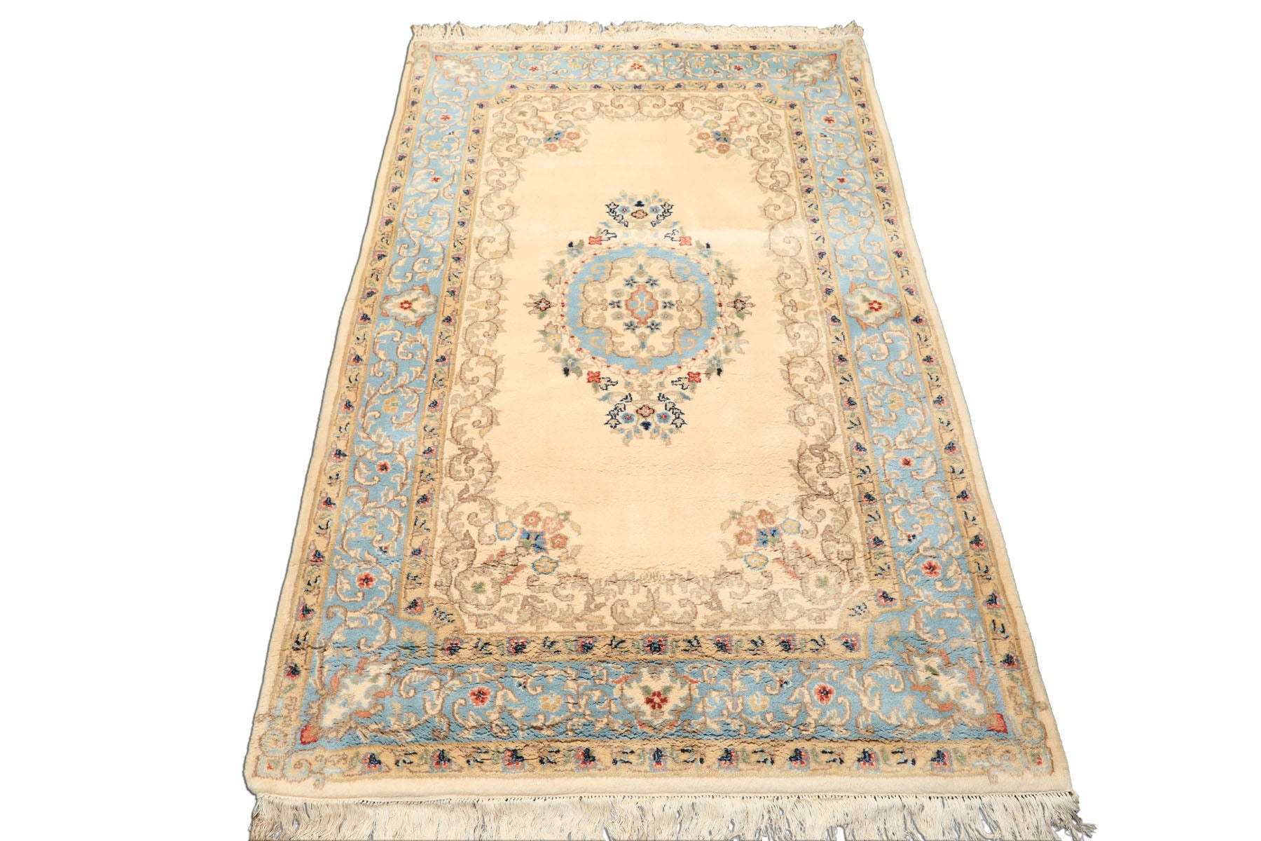 4x6 Ivory, Aqua, Tan Color Hand Knotted Indo Kerman Wool Traditional Oriental Rug