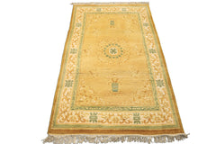4x6 Gold, Ivory, Sage Color Hand Knotted Indo Tibetan Wool Traditional Oriental Rug