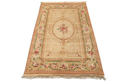 4x6 Beige, Tan, Brown Color Hand Knotted French Aubusson Savonnerie Wool Traditional Oriental Rug