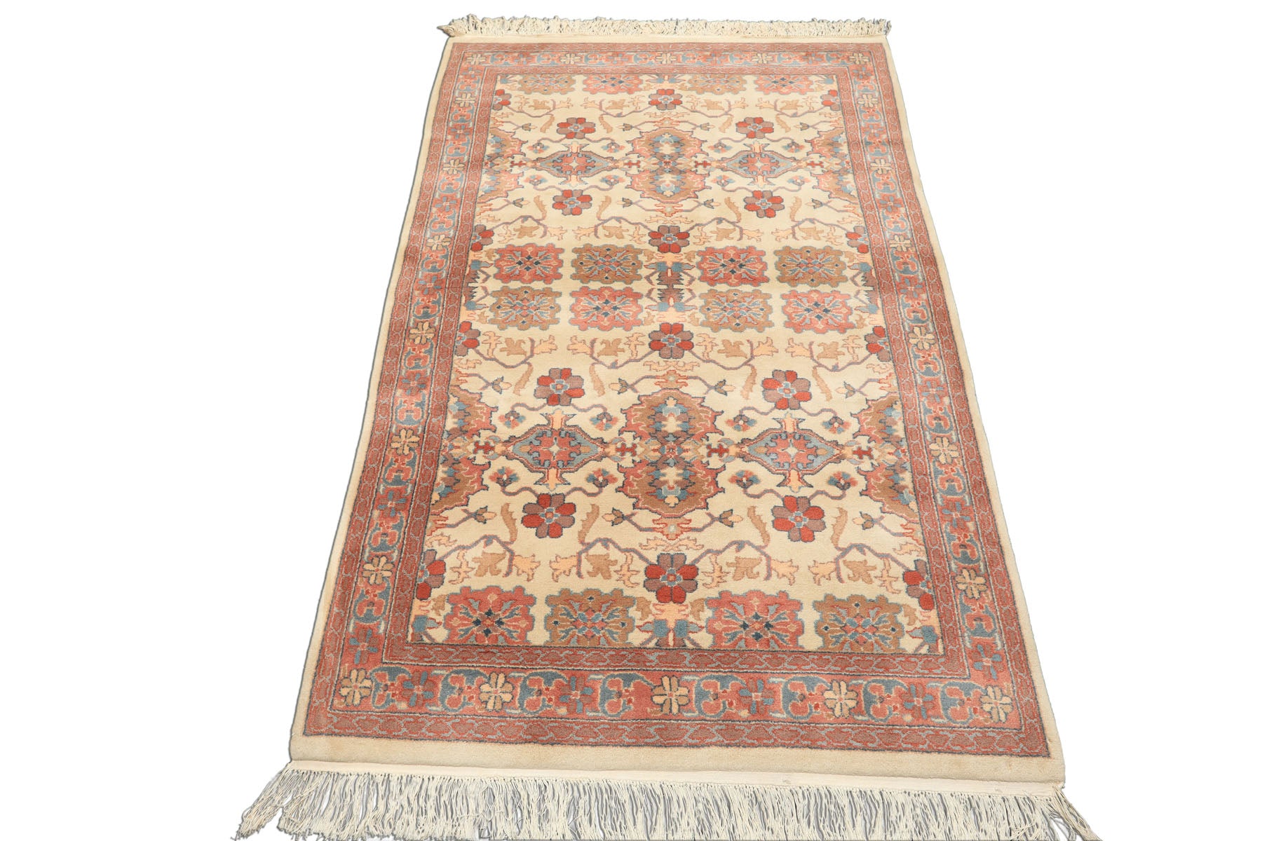 4x6 Ivory, Rose, Brown Color Hand Knotted Indo Kashan New Zealand Wool Traditional Oriental Rug
