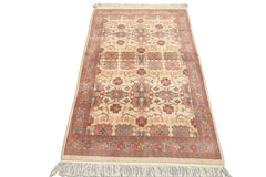 4x6 Ivory, Rose, Brown Color Hand Knotted Indo Kashan New Zealand Wool Traditional Oriental Rug