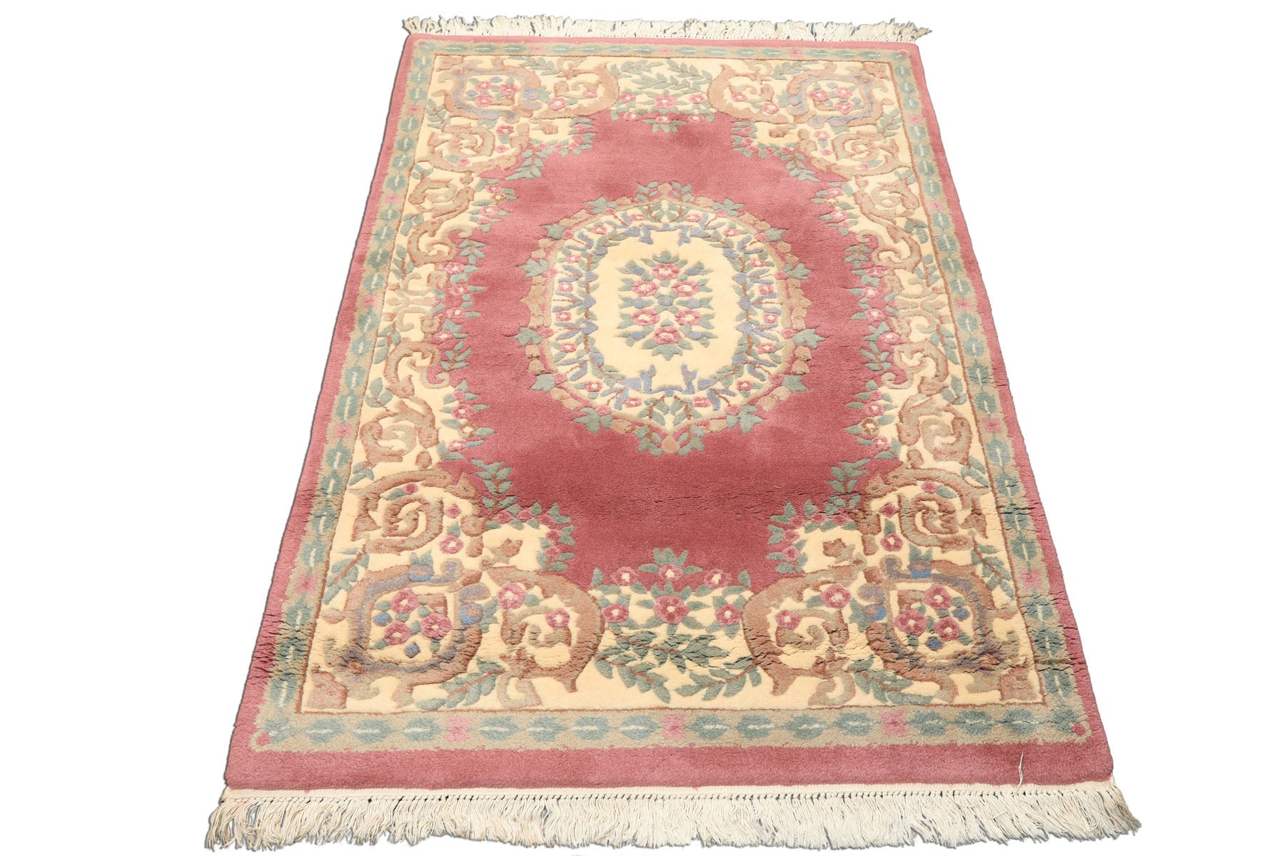 4x6 Plum, Ivory, Celadon Color Hand Knotted Indo Kerman New Zealand Wool Traditional Oriental Rug